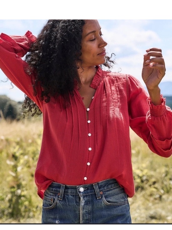 Faherty Tops - Faherty Women's Willa Top Carmine Red Button Up Blouse Size Small Organic Cotton